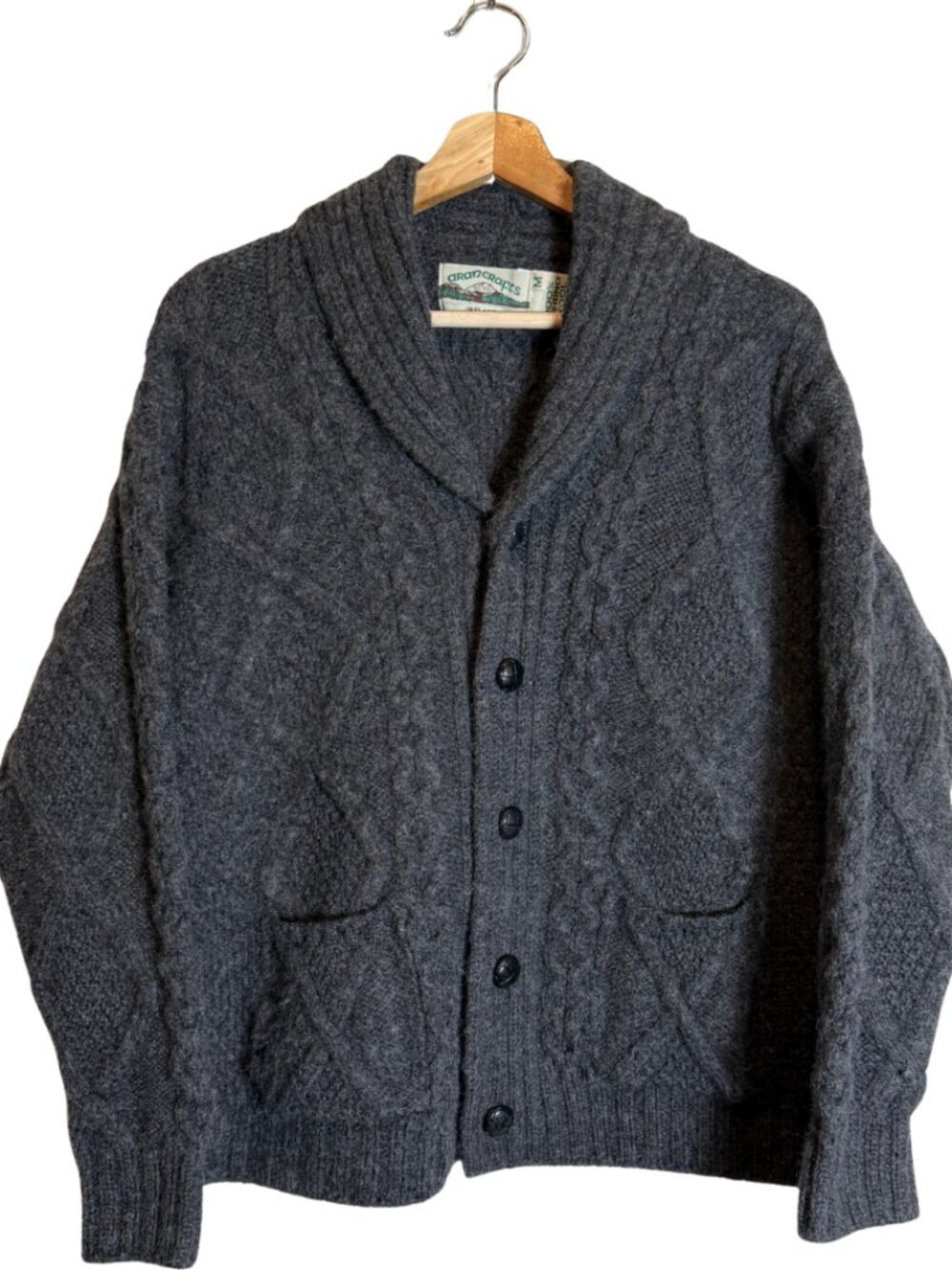 Aran Crafts Merino Wool Cardigan Sweater Women's Medium Gray Irish Shawl Collar